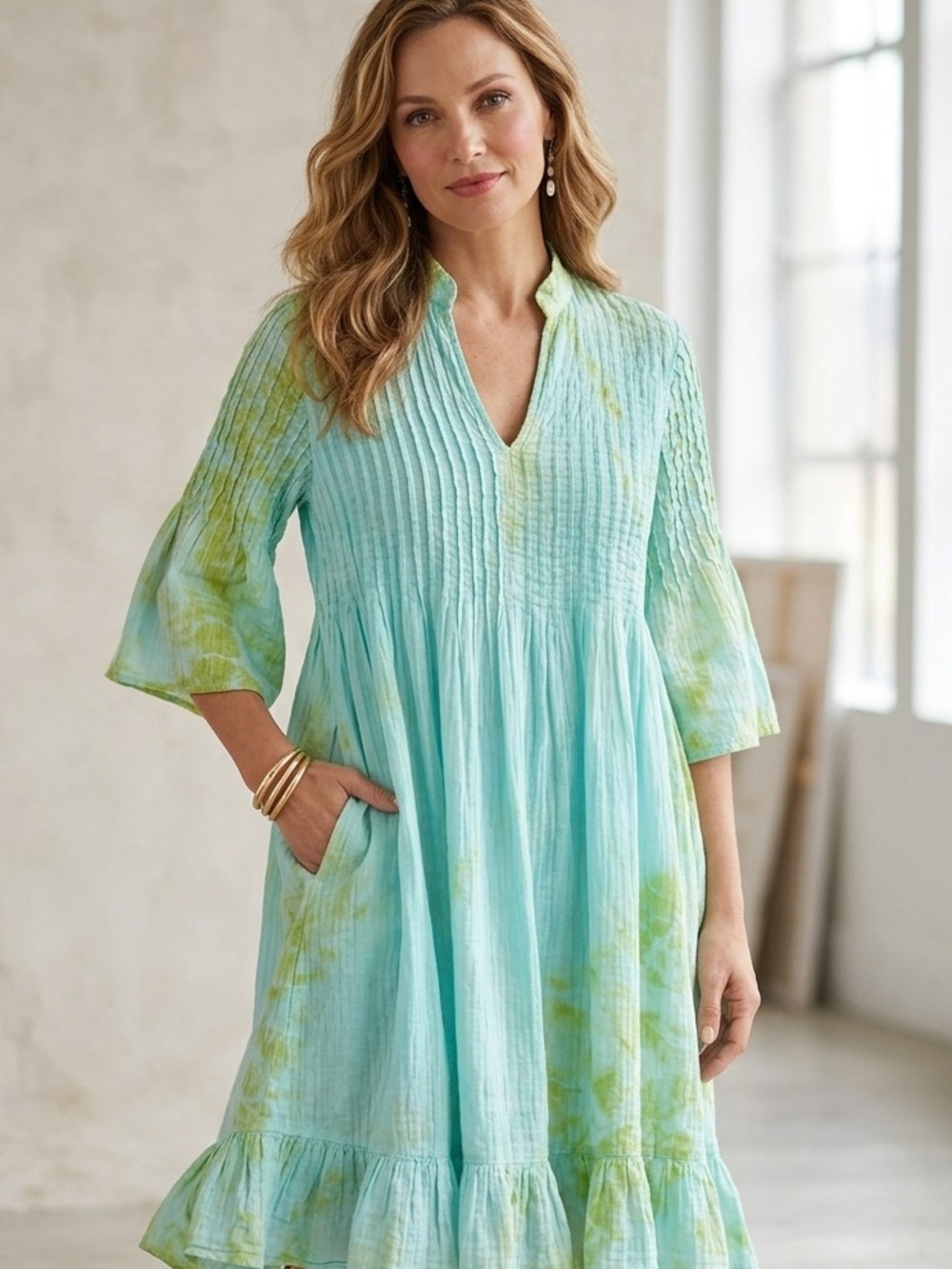 Soft Surroundings Marbella Tie-Dye Pintuck Crinkle Dress - Petite Small PS